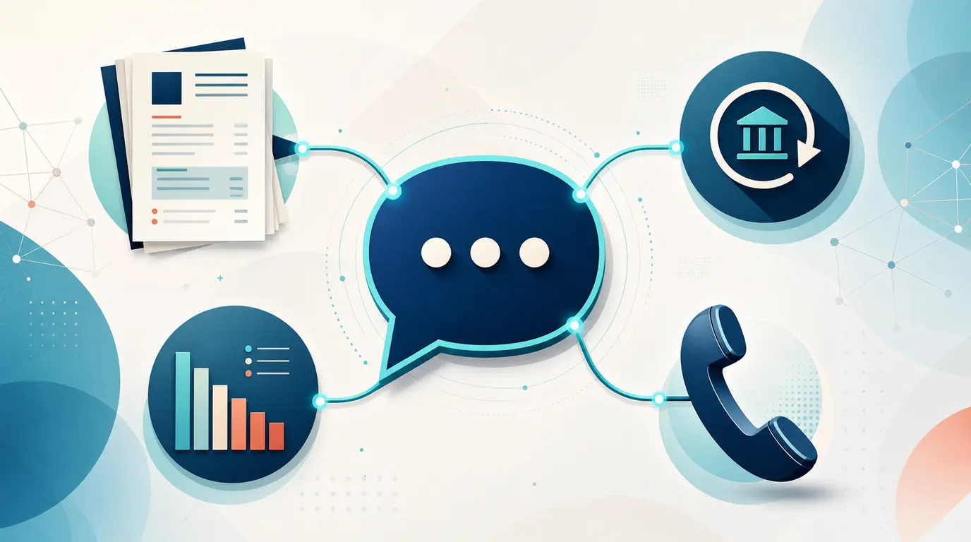 Conversation bubble linking to billing items: an invoice, a Direct Debit symbol, an aged-debt chart, and a telephone handset