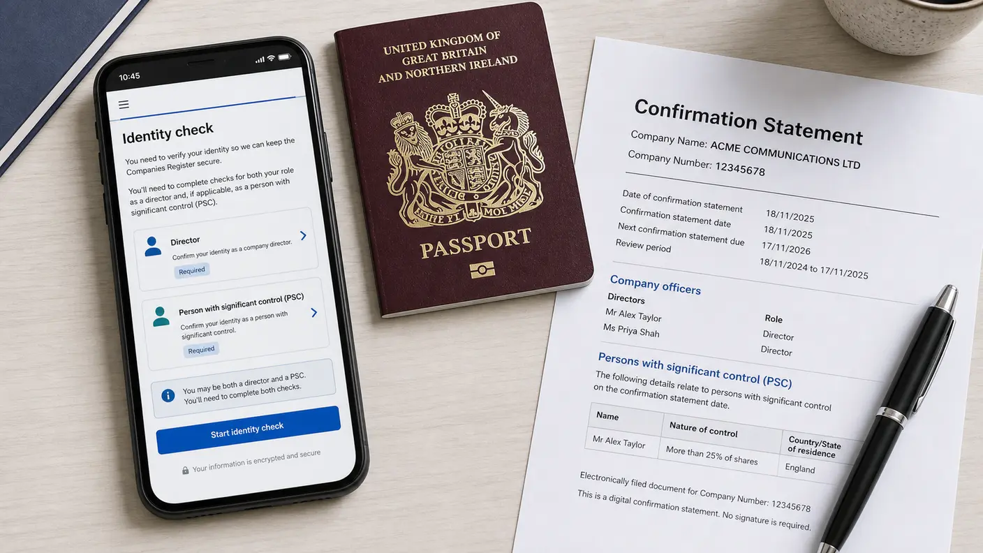 GOV.UK One Login identity verification screen open on a phone, with a UK passport and a Companies House confirmation statement beside it