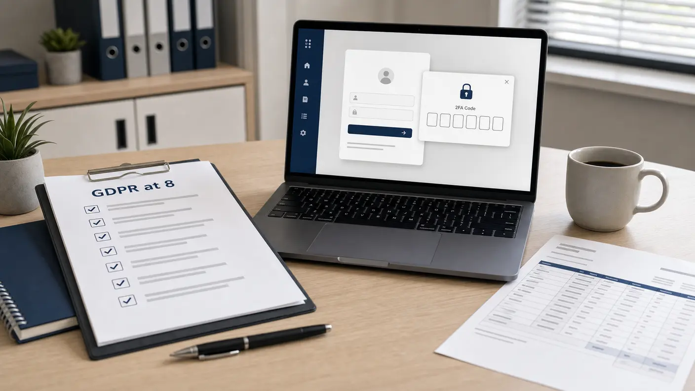 Reseller reviewing a printed checklist titled GDPR at 8 next to a laptop showing a billing platform login screen with a 2FA prompt and a sample itemised invoice