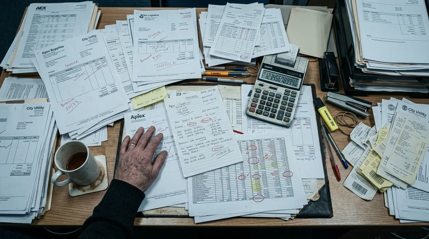 Cluttered desk covered in paper invoices, a calculator, and marked-up spreadsheets showing the chaos of manual billing