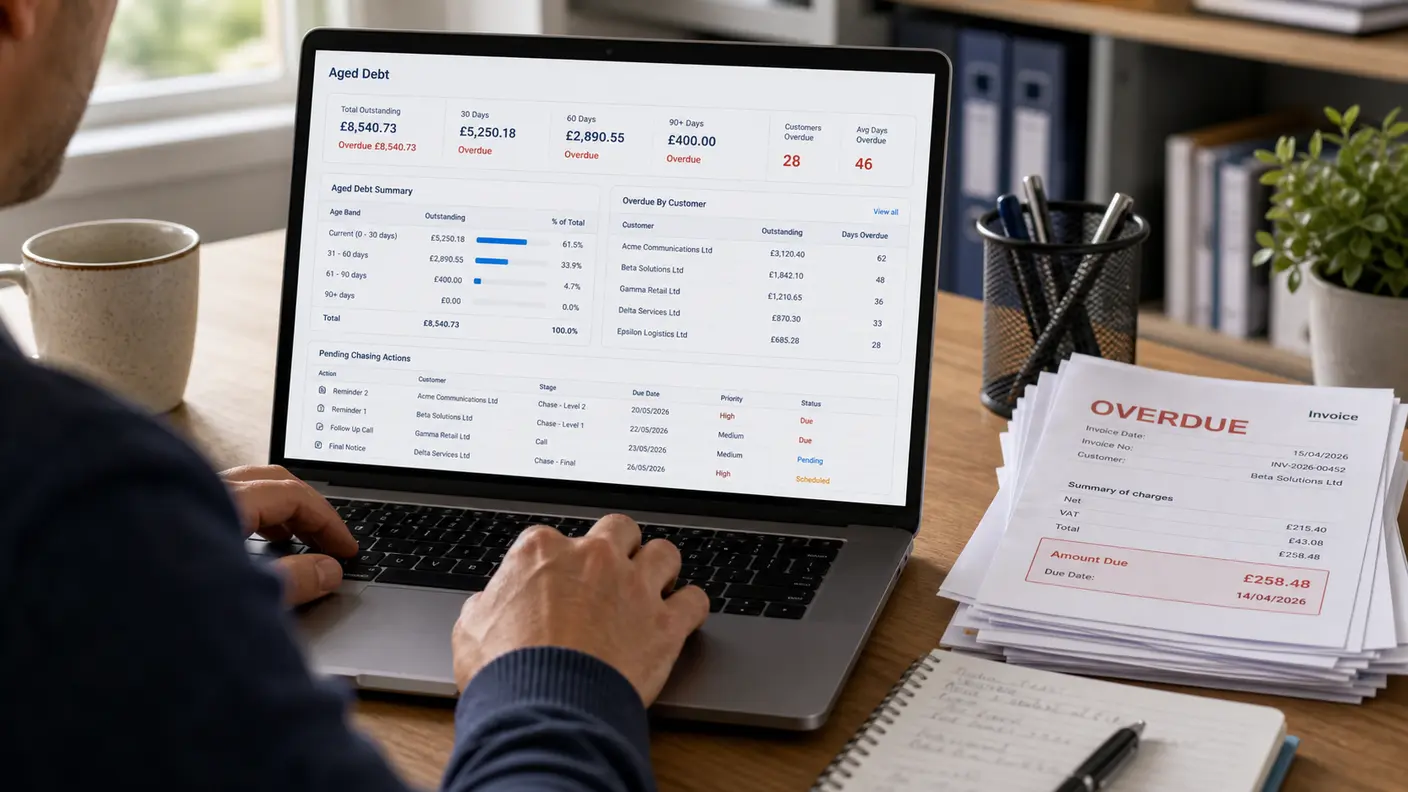 Small business owner looking at an aged debt report on a laptop with a stack of overdue invoices beside it