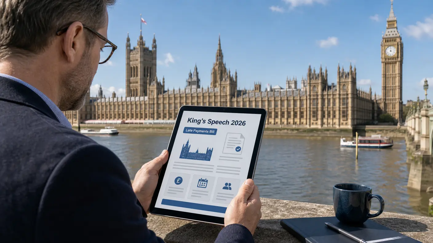 Houses of Parliament under a clear sky, with a small business owner reading the King's Speech 2026 summary on a tablet in the foreground