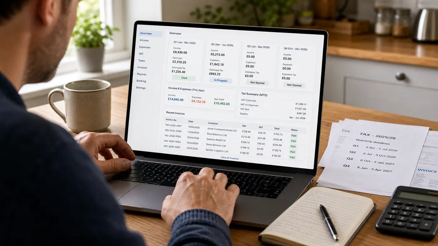 Sole trader at a kitchen table reviewing quarterly income figures on a laptop with MTD-compatible accounting software open