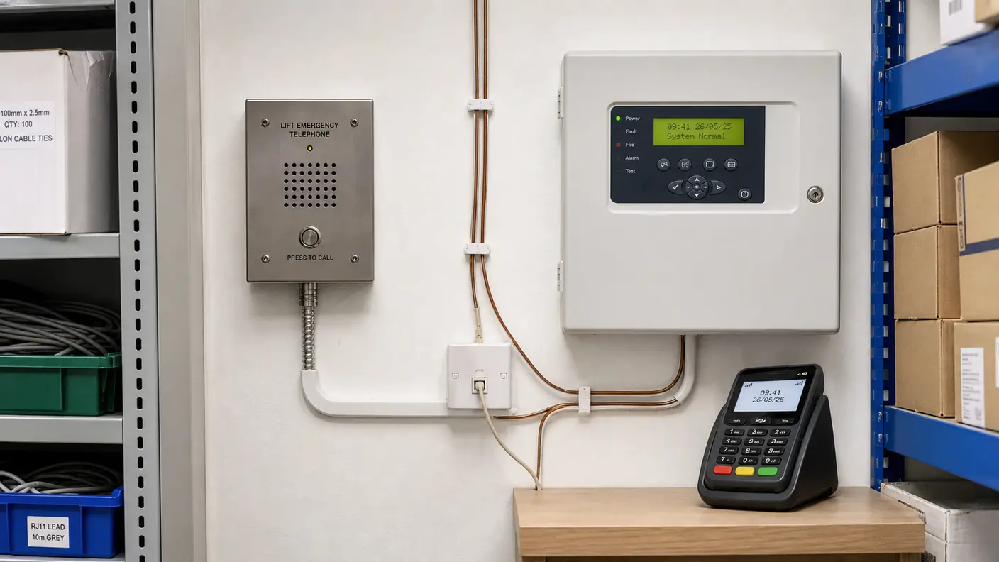 Small-business storeroom with a lift emergency phone, monitored fire alarm panel and EFTPOS terminal all wired into a single copper line