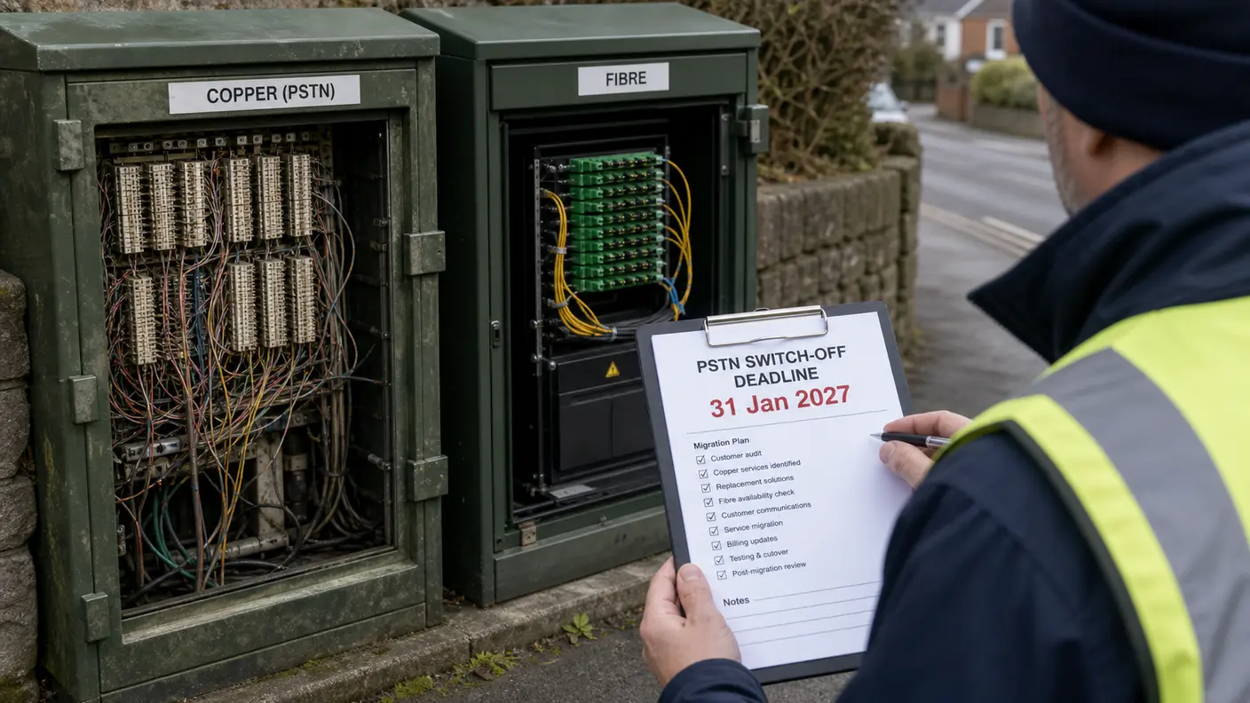 UK telecoms engineer comparing a copper PSTN cabinet with a fibre cabinet, January 2027 deadline on a clipboard