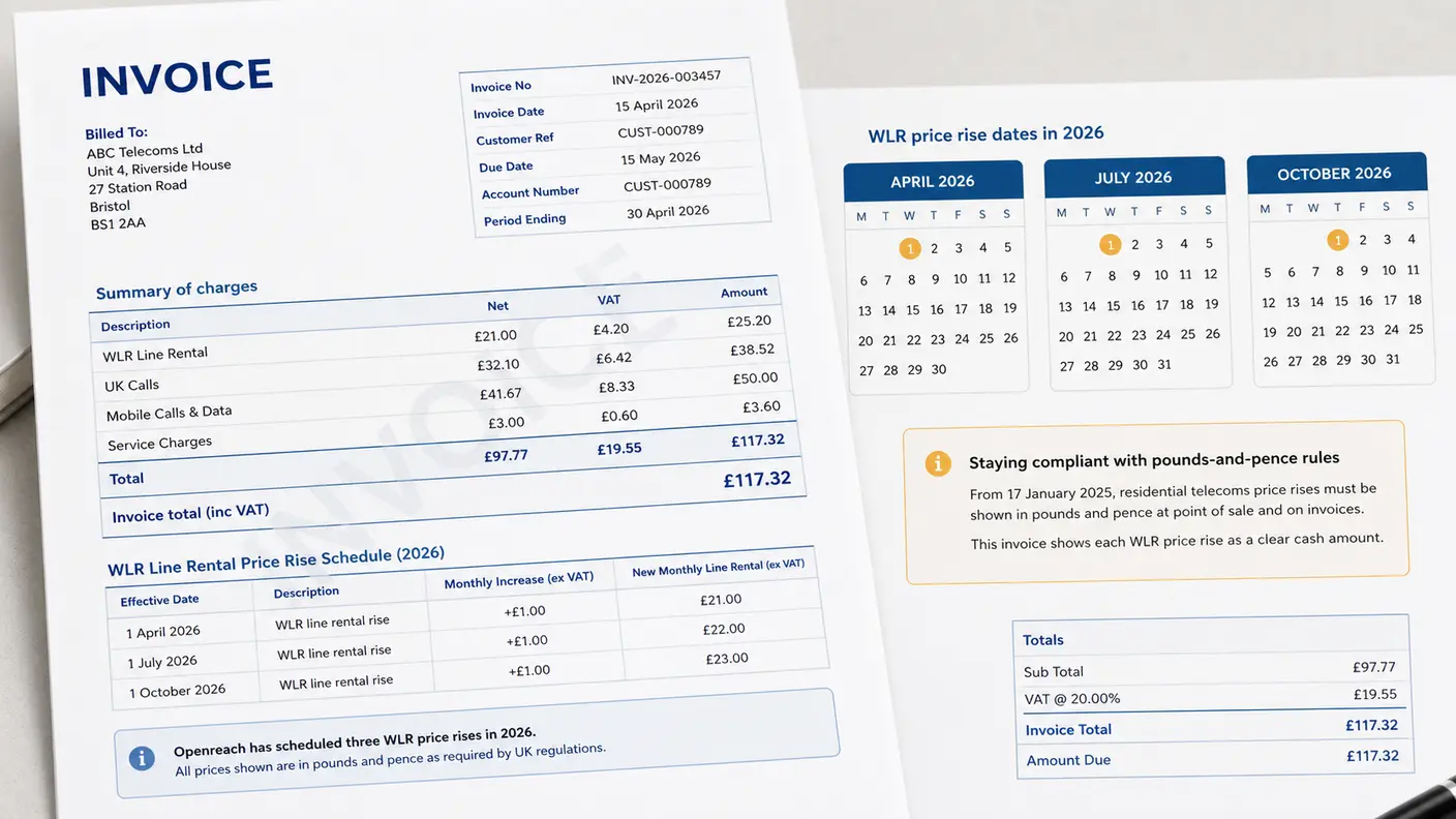 Invoice showing an Openreach WLR line rental rise, calendar marked April, July and October 2026