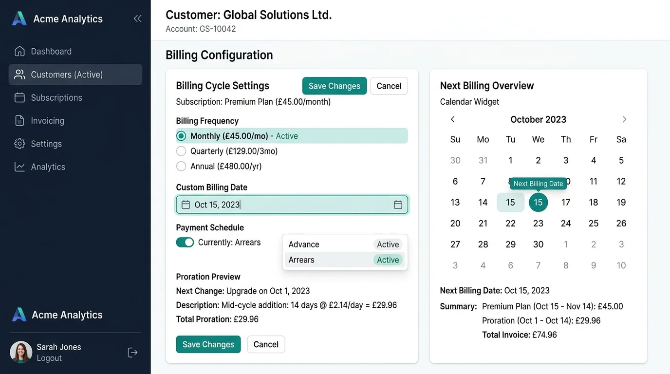 Flexible billing cycle configuration
